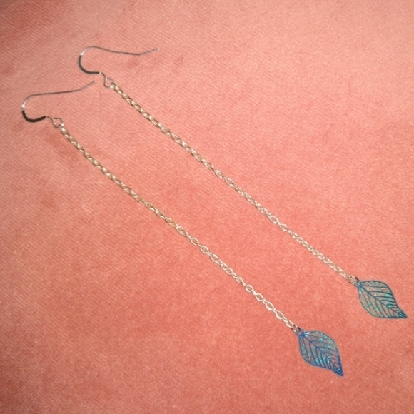 Solid 925 Sterling Silver Ear Wires Handmade Long Chain Blue Leaf Earrings New - Picture 1 of 9